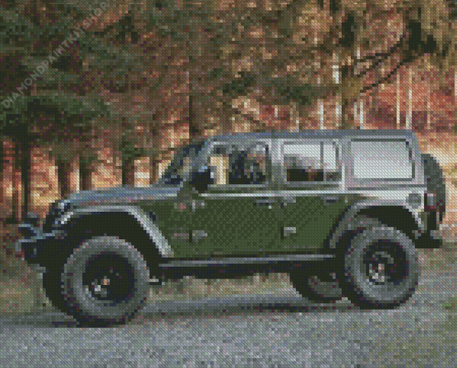 Dark Green Jeep In The Forest Diamond Painting