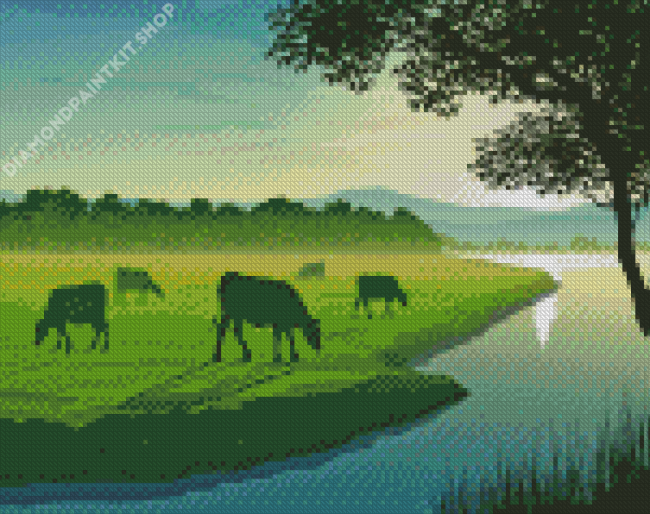 Cows Grazing In Field Diamond Painting