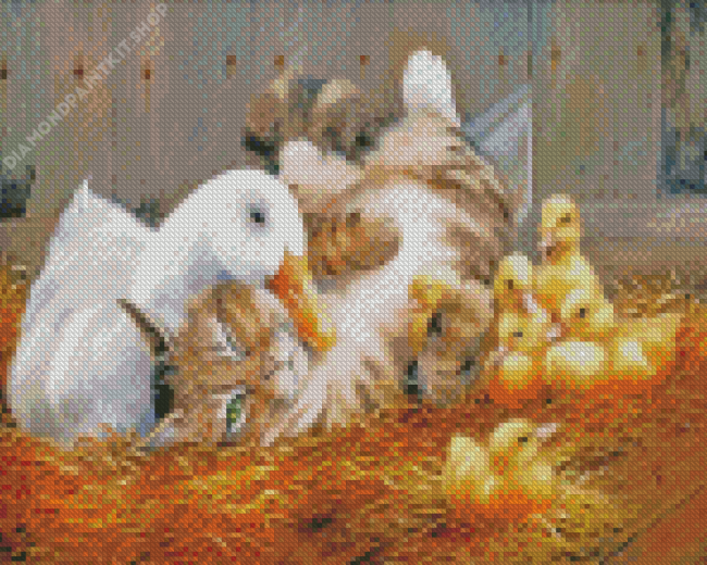 Cat With Ducklings Diamond Painting