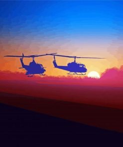 Huey Helicopters Silhouette At Sunset Diamond Painting