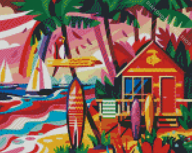 Beach Hut And Surfboard Diamond Painting