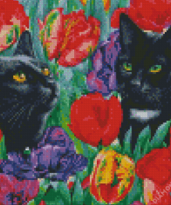 Black Cats And Flowers Diamond Painting