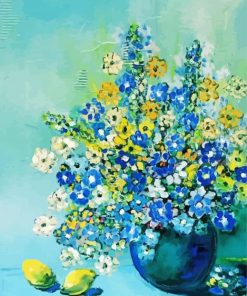 Blue Yellow Flowers Vase And Lemons Art Diamond Painting