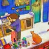 Couple and Cat In Kitchen Diamond Painting