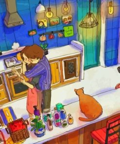 Couple and Cat In Kitchen Diamond Painting