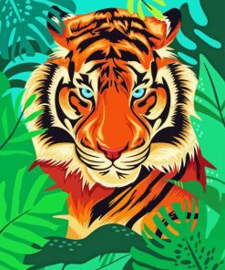 Illustration Tiger Behind Large Leaves Diamond Painting