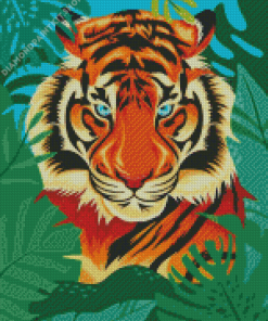 Illustration Tiger Behind Large Leaves Diamond Painting