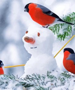 Snowman With Birds Diamond Painting