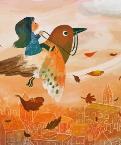 Autumn Girl Riding Bird Diamond Painting