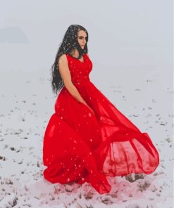 Girl In Red Dress In Snow Diamond Painting