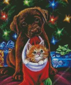Christmas Dog Holding Cat Diamond Painting