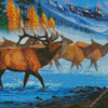 Elk Herd Crossing River Diamond Painting