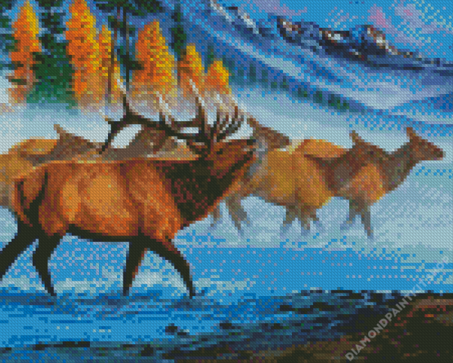 Elk Herd Crossing River Diamond Painting