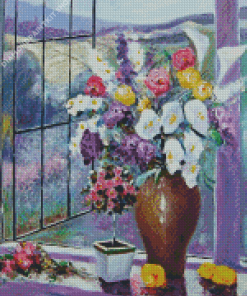 Flowers In Vase On Window Diamond Painting