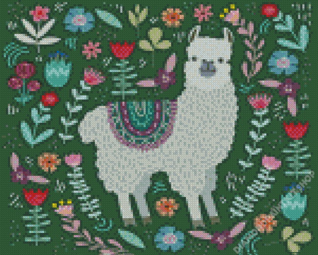 Llama With Flowers Illustration Diamond Painting