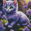 Adorable Cat With Purple Flowers Diamond Painting
