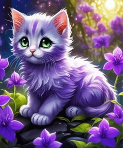 Adorable Cat With Purple Flowers Diamond Painting