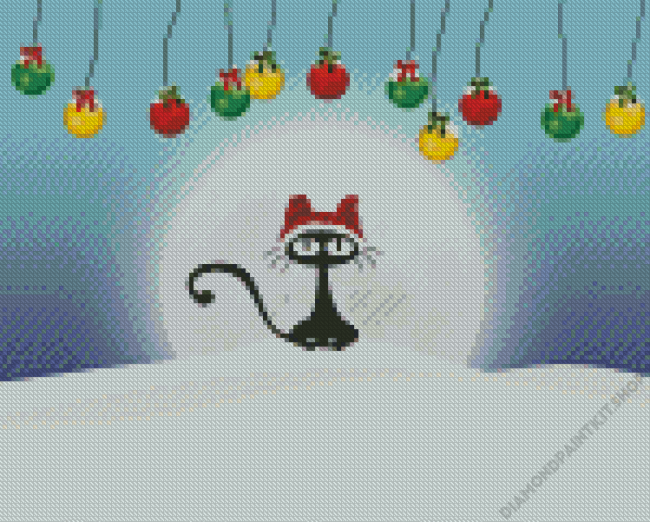 Black Cat In Snow Christmas Ball Diamond Painting