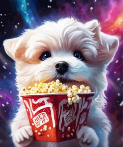 White Space Dog With Popcorn Diamond Painting