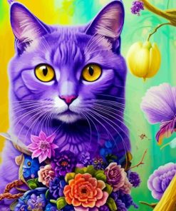 Purple Cat And Flowers Diamond Painting