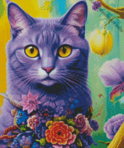 Purple Cat And Flowers Diamond Painting