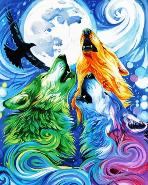 Spirit Wolves And Eagle Moon Diamond Painting