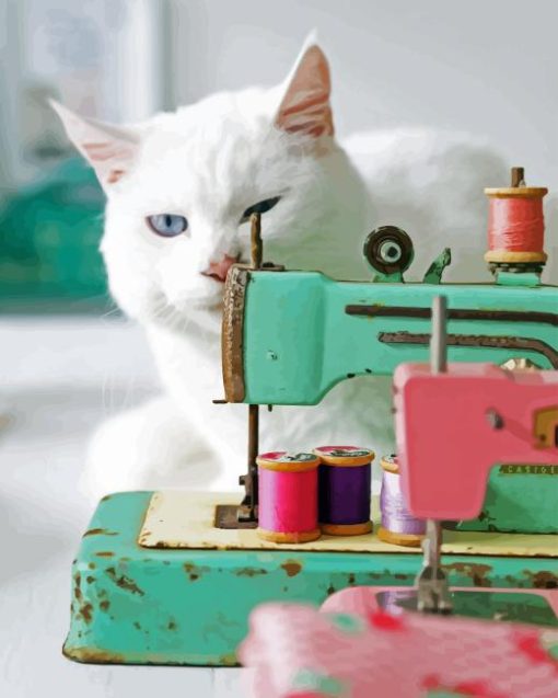 Sewing Machine With White Cat Diamond Painting