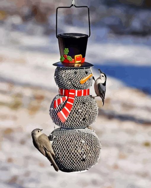 Black Hat Snowman With Bird Diamond Painting