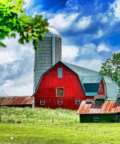 Red Barn With Silo Diamond Painting