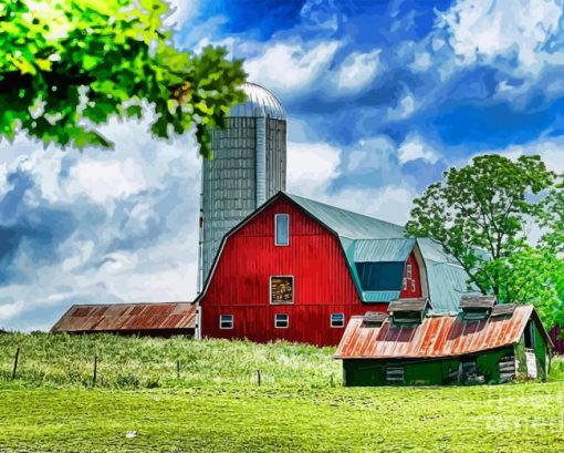 Red Barn With Silo Diamond Painting