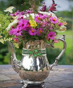 Purple Flowers In A Silver Pitcher Diamond Painting