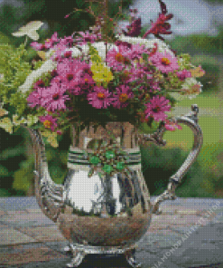 Purple Flowers In A Silver Pitcher Diamond Painting