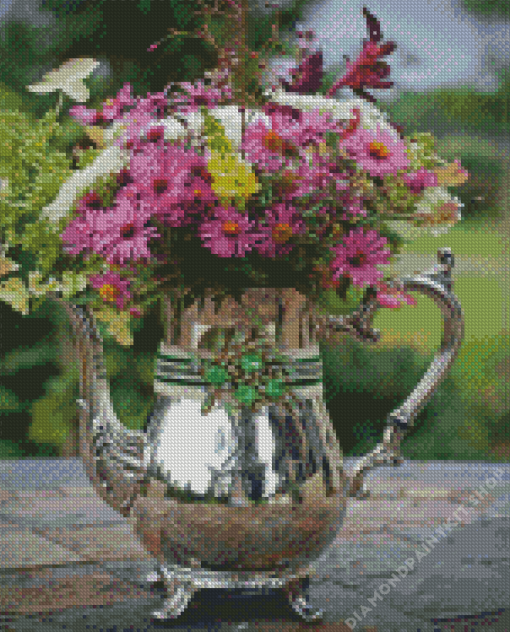 Purple Flowers In A Silver Pitcher Diamond Painting