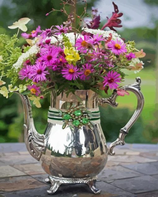 Purple Flowers In A Silver Pitcher Diamond Painting