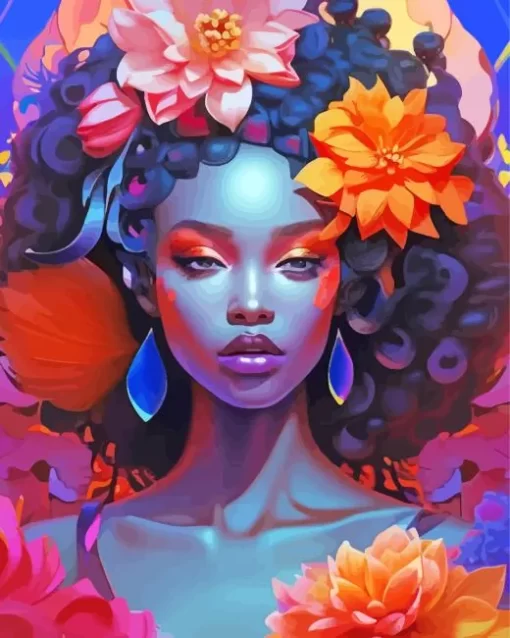 Afro Black Woman Flowers Diamond Painting