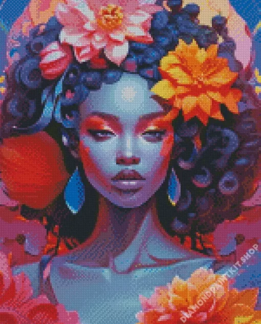 Afro Black Woman Flowers Diamond Painting