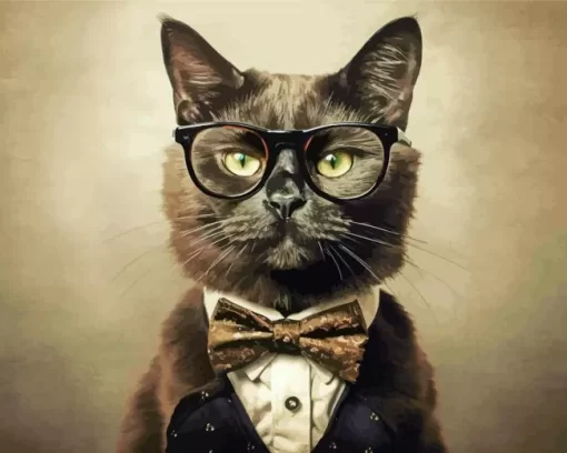 Black Cat Wearing Glasses And Tie Diamond Painting