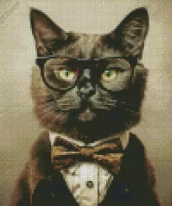 Black Cat Wearing Glasses And Tie Diamond Painting