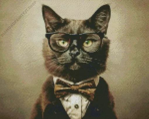 Black Cat Wearing Glasses And Tie Diamond Painting