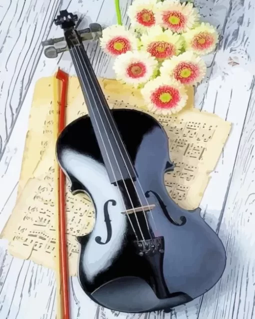 Black Violin And Flowers Diamond Painting