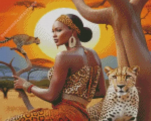 Black Woman By Leopards Diamond Painting