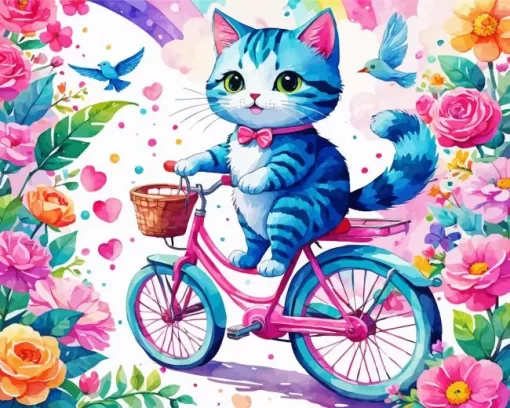 Cat On Blue And Pink Bike Diamond Painting