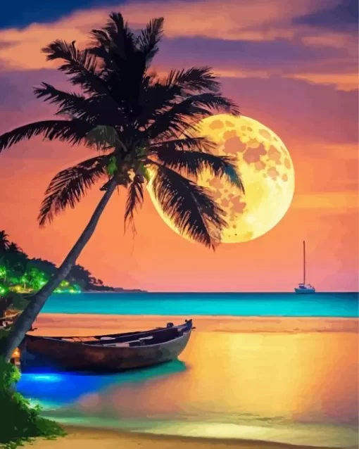 Aesthetic Full Moon Beach Diamond Painting