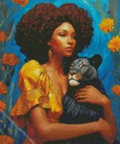 Afro Lady And Black Lion Diamond Painting