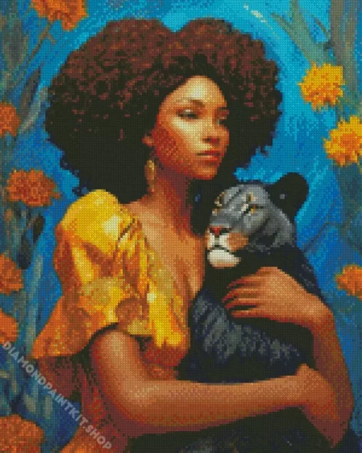 Afro Lady And Black Lion Diamond Painting