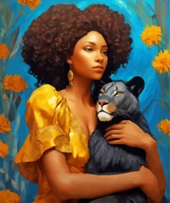 Afro Lady And Black Lion Diamond Painting