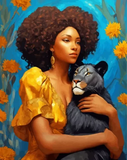 Afro Lady And Black Lion Diamond Painting