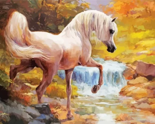 Blonde Arabian Horse By The River Diamond Painting