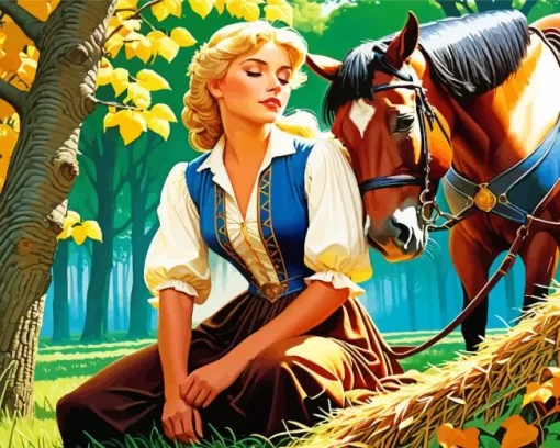 Blonde Girl And Horse Diamond Painting