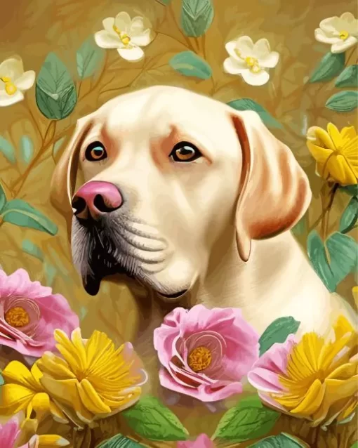 Blonde Labrador And Flowers Diamond Painting